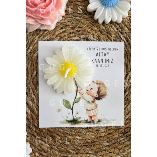 12 Adet Özel Tasarlanmış Kart Ve Papatya Mum. Bebek Doğum, Babyshower, Doğum Günü, Hediyelik