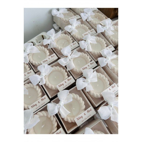 Nikah Nişan Düğün İsime Etiket Süsleme Pinterest Kurdele Kutulu Burgu Model Mum Beyaz - 5 Adet