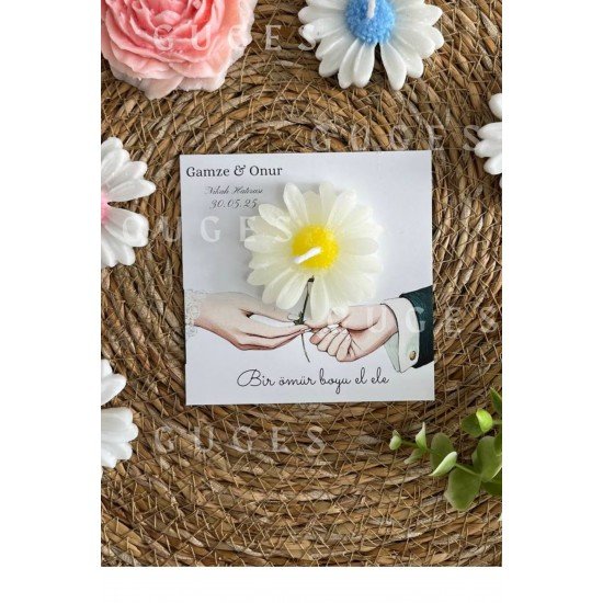 10 Adet Özel Tasarlanmış Kart Ve Papatya Mum. Düğün, Nişan, Nikah, Söz, Doğum Günü, Nikah Hediyelik