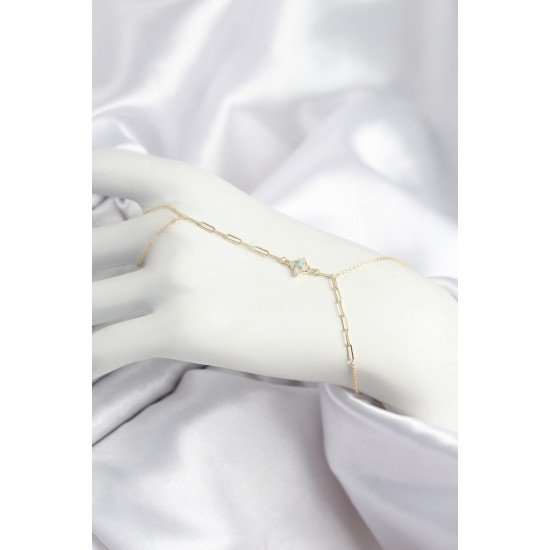 Özel Pirinç Zirkon Taşlı Mavi Boncuklu Yonca Model Gold Renk Şahmeran Fırsat!!!