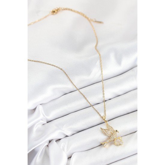 Özel Çelik Zirkon Taşlı Yüzüklü Kuş Model Gold Renk Kadın Kolye Fırsat!!!