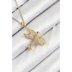 Özel Çelik Zirkon Taşlı Yüzüklü Kuş Model Gold Renk Kadın Kolye Fırsat!!!