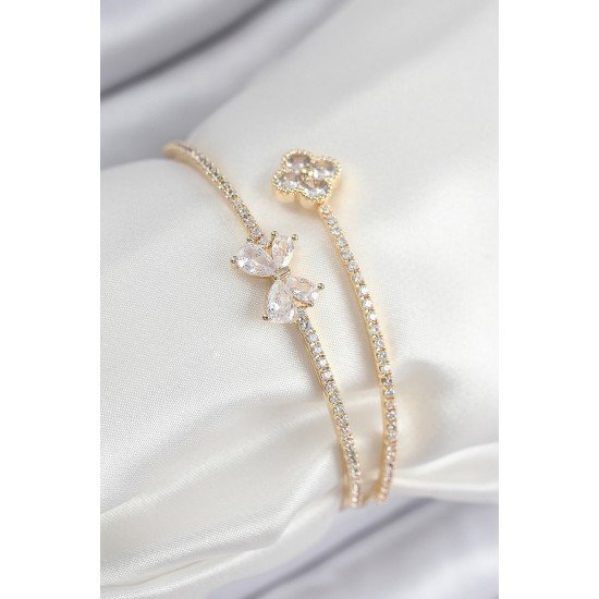 Özel Pirinç Zirkon Taşlı Fiyonk Ve Yonca Model Gold Renk Kadın Bileklik Fırsat!!!
