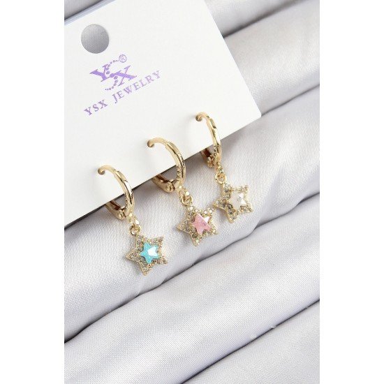 Özel Pirinç Zirkon Taşlı 3'Lü Renkli Yıldız Model Gold Renk Kadın Küpe Fırsat!!!