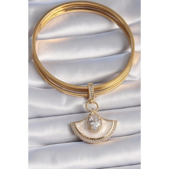Özel Pirinç Gold Renk Zirkon Taş Detaylı Beyaz Mineli Ajda Charm Fırsat!!!