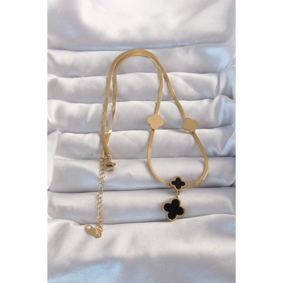 Özel Çelik Gold Renk İtalyan Zincirli Mineli Yonca Kolye Fırsat!!!