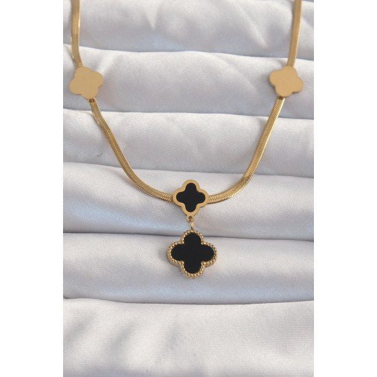 Özel Çelik Gold Renk İtalyan Zincirli Mineli Yonca Kolye Fırsat!!!