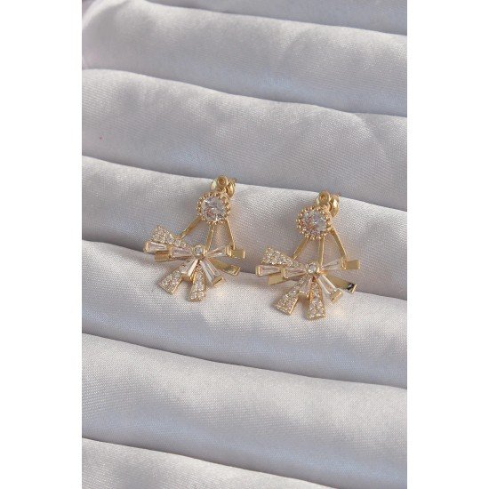 Özel Pirinç Gold Renk Zirkon Taşlı Yassı Fiyonk Model Küpe Fırsat!!!