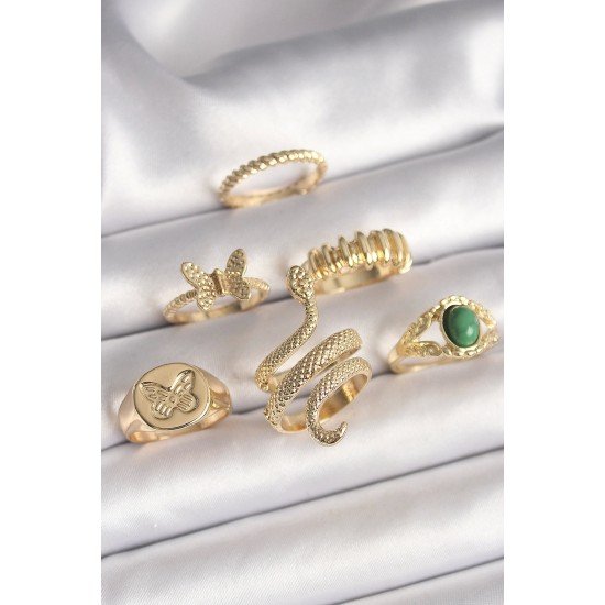 Özel Pirinç Gold Renk İşlemeli Yılan Model Kelebek Detay 6'Lı Kadın Yüzük Seti Fırsat!!!