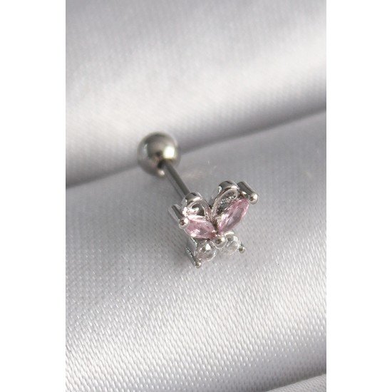 Özel Çelik Renk Pembe Zirkon Taşlı Kelebek Tragus Piercing Fırsat!!!