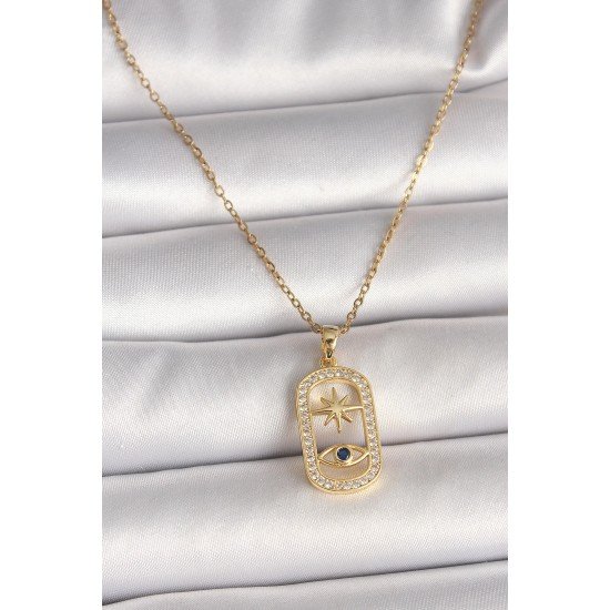 Özel Çelik Gold Renk Zincir Zirkon Taşlı Göz Yıldız Model Kadın Kolye Fırsat!!!