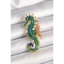 Özel Pirinç Gold Renk Yeşil Deniz Atı Model Zirkon Taş Detay Kadın Broş Fırsat!!!