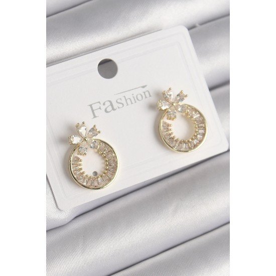 Özel Pirinç Gold Renk Zirkon Taşlı Halka Model Çiçek Figür Kadın Küpe Fırsat!!!