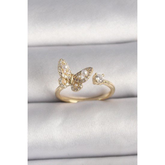 Özel Pirinç Gold Renk Zirkon Taşlı Kelebek Model İnci Detay Ayarlanabilir Yüzük Fırsat!!!
