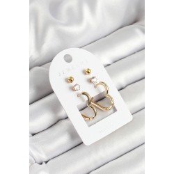 Özel Pirinç Zirkon Taş Ve Kalp Figürlü Gold Renk 3'Lü Çift Kadın Küpe Set Fırsat!!!