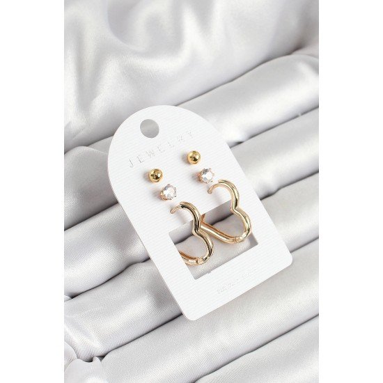 Özel Pirinç Zirkon Taş Ve Kalp Figürlü Gold Renk 3'Lü Çift Kadın Küpe Set Fırsat!!!