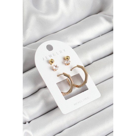 Özel Pirinç Zirkon Taş Ve Kemik Halka Figürlü Gold Renk 3'Lü Çift Kadın Küpe Set Fırsat!!!