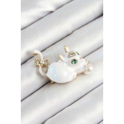 Özel Zirkon Taşlı İnci Detaylı Beyaz 3D Kedi Figürlü Gold Renk Kadın Broş Fırsat!!!