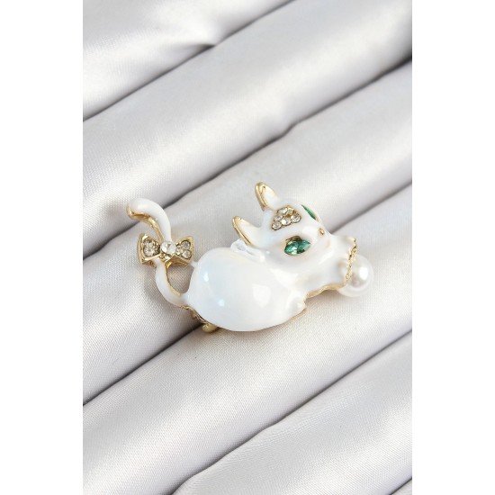 Özel Zirkon Taşlı İnci Detaylı Beyaz 3D Kedi Figürlü Gold Renk Kadın Broş Fırsat!!!