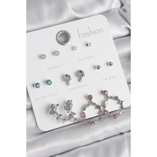 Özel Pirinç Renk Zirkon Taşlı Gül Figür Halka Model 7 Çift Kadın Küpe Seti Fırsat!!!