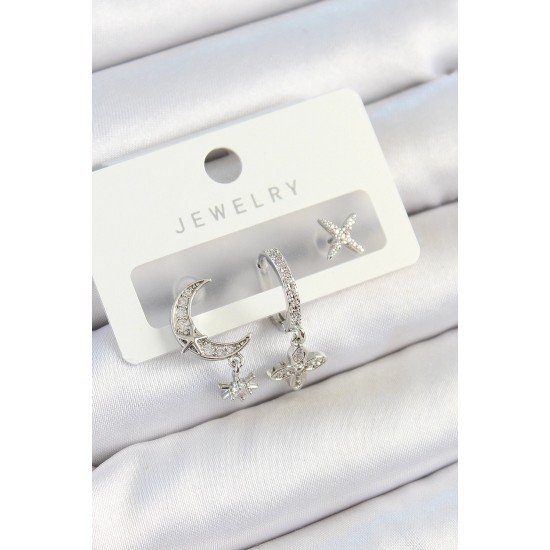 Özel Pirinç Zirkon Taşlı Çiçek Ve Ay Model Renk 3'Lü Çift Kadın Küpe Set Fırsat!!!