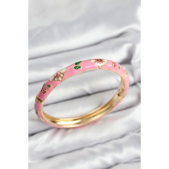 Özel Mineli Pirinç Pembe Çiçek Motifli Gold Kadın Kelepçe Fırsat!!!