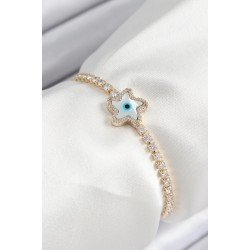 Özel Pirinç Zirkon Taşlı Nazar Yıldız Model Gold Renk Asansörlü Kadın Bileklik Fırsat!!!