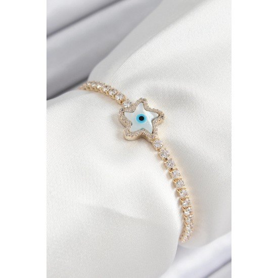 Özel Pirinç Zirkon Taşlı Nazar Yıldız Model Gold Renk Asansörlü Kadın Bileklik Fırsat!!!
