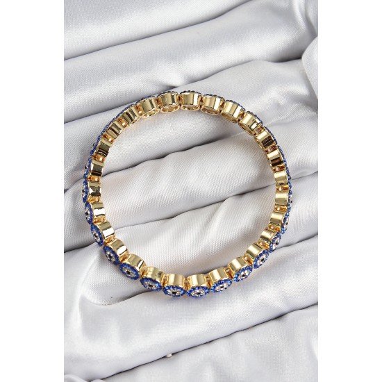 Özel Pirinç Zirkon Taşlı Lacivert Nazar Model Gold Renk Lastikli Kadın Bileklik Fırsat!!!