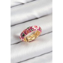 Özel Pirinç Fuşya Mineli Çiçek Motifli Gold Renk Ayarlanabilir Kadın Yüzük Fırsat!!!