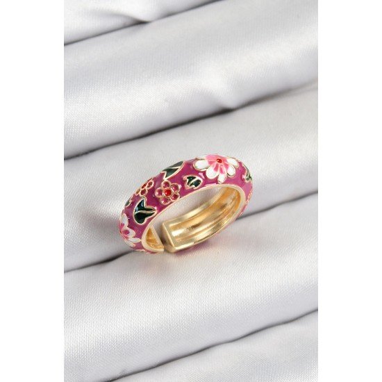 Özel Pirinç Fuşya Mineli Çiçek Motifli Gold Renk Ayarlanabilir Kadın Yüzük Fırsat!!!