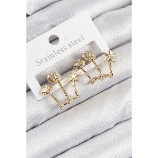 Özel Pirinç Zirkon Taşlı Deniz Yıldızı Ve İstiridye Model Gold Renk Kadın Küpe Fırsat!!!