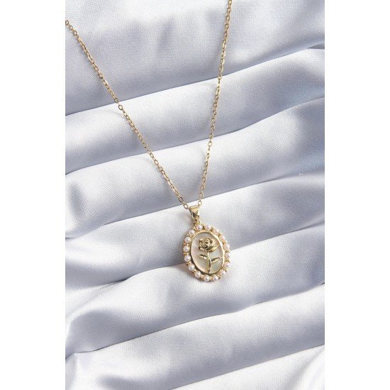 Özel Çelik Gold Renk Gül Model İnci Detay Kadın Kolye Fırsat!!!