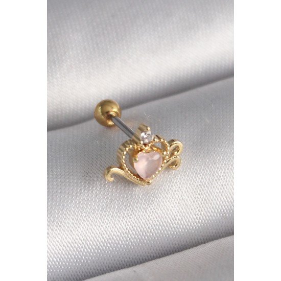 Özel Çelik Gold Renk Pembe Mineli Kalp Zirkon Taş Detay Tragus Piercing Fırsat!!!