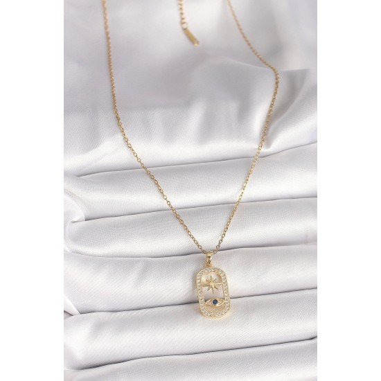 Özel Çelik Gold Renk Zincir Zirkon Taşlı Göz Yıldız Model Kadın Kolye Fırsat!!!