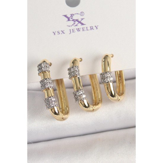 Özel Pirinç Gold Renk 3'Lü Halka Model Zirkon Taş Detaylı Kadın Kombin Küpe Fırsat!!!