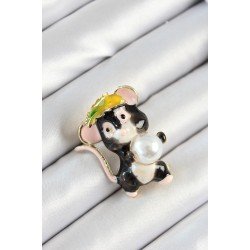 Özel İnci Detaylı Siyah Ve Pembe 3D Sevimli Fare Figürlü Gold Renk Kadın Broş Fırsat!!!