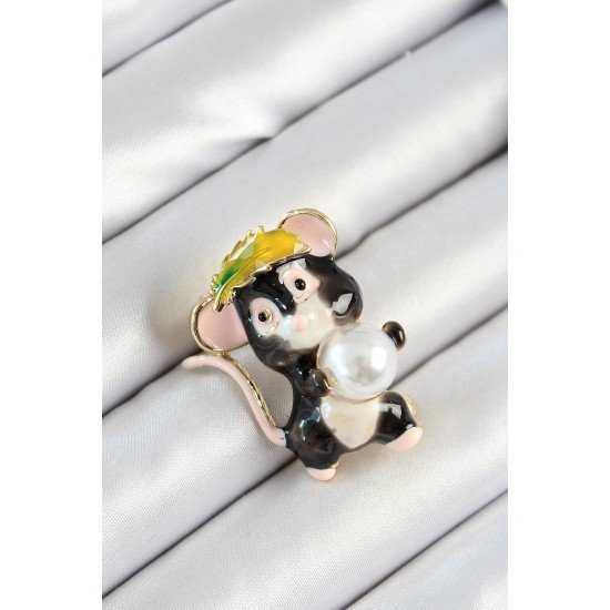 Özel İnci Detaylı Siyah Ve Pembe 3D Sevimli Fare Figürlü Gold Renk Kadın Broş Fırsat!!!