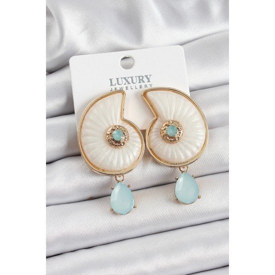 Özel Pirinç Deniz Kabuğu Figürlü Zirkon Taşlı Gold Renk Kadın Küpe Fırsat!!!