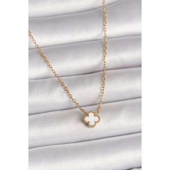 Özel Çelik Gold Renk Beyaz Yonca Model Kadın Kolye Fırsat!!!