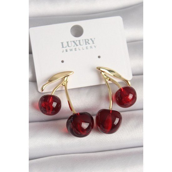 Özel Pirinç Gold Renk Kırmızı Kiraz Model Kadın Küpe Fırsat!!!