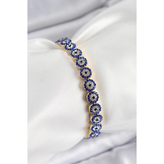 Özel Pirinç Zirkon Taşlı Lacivert Nazar Model Gold Renk Lastikli Kadın Bileklik Fırsat!!!