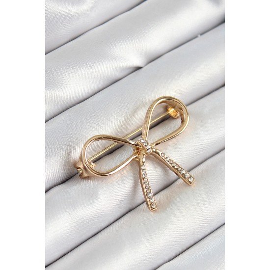 Özel Zirkon Taş Detaylı 3D Fiyonk Figürlü Gold Renk Kadın Broş Fırsat!!!