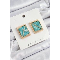 Özel Pirinç Turkuaz Üçgen Kesim Detaylı Kare Model Vintage Gold Renk Kadın Küpe Fırsat!!!