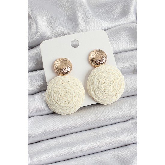 Özel Krem Daire Figürlü Hasır Örgü Model Gold Renk Kadın Küpe Fırsat!!!