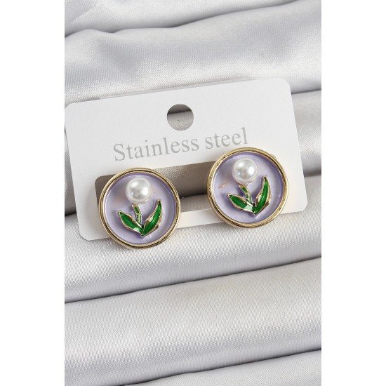 Özel Pirinç Mor Mineli Lale Figürlü Sanatsal Portre Model Gold Renk Kadın Küpe Fırsat!!!