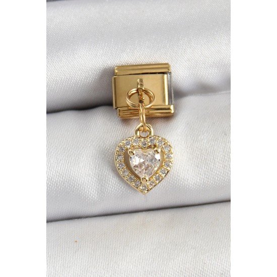 Özel Çelik Sallantılı Zirkon Taşlı Kalp Model Gold Renk Nomination Charm Fırsat!!!