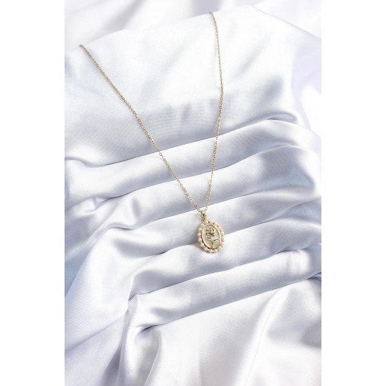 Özel Çelik Gold Renk Gül Model İnci Detay Kadın Kolye Fırsat!!!