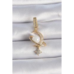 Özel Pirinç Gold Renk Zirkon Taş Detaylı Hilal Model Sallantı İncili Ajda Charm Fırsat!!!