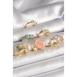 Özel Pirinç Gold Renk Daire Pembe Mineli Zirkon Taş Detaylı 6'Lı Kadın Yüzük Seti Fırsat!!!